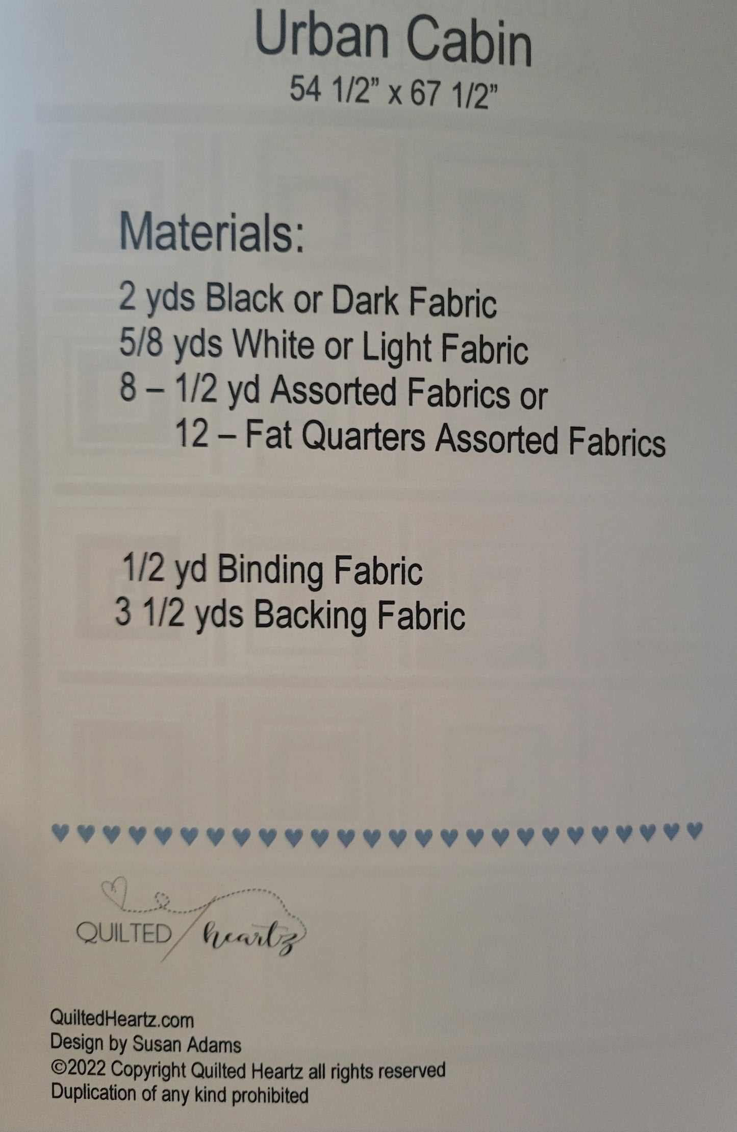 Urban Cabin Quilt Pattern 54-1/2"x67-1/2" By Quilted Heartz