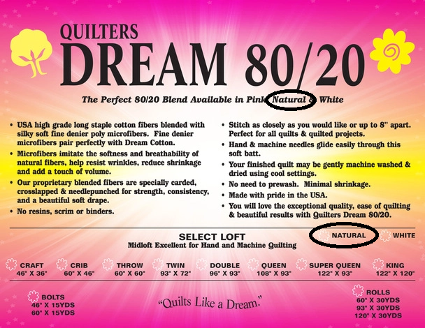 Quilters Dream 80/20 Batting Natural Twin Size 72" x 90"