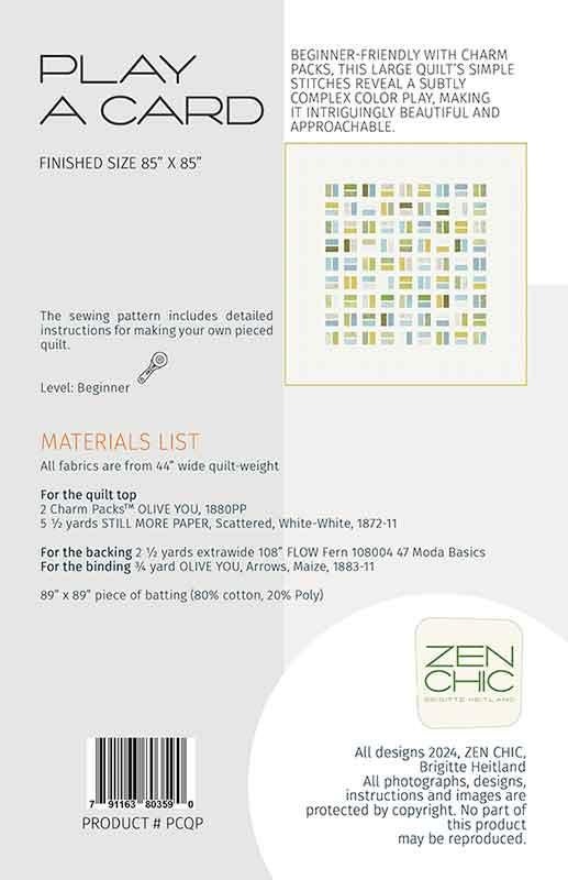 Play A Card Quilt Pattern 87"x87" #ZC PCQP By Zen Chic, Charm Pack Friendly, Modern Quilt Pattern, Begginer Friendly, Easy Quilt Pattern