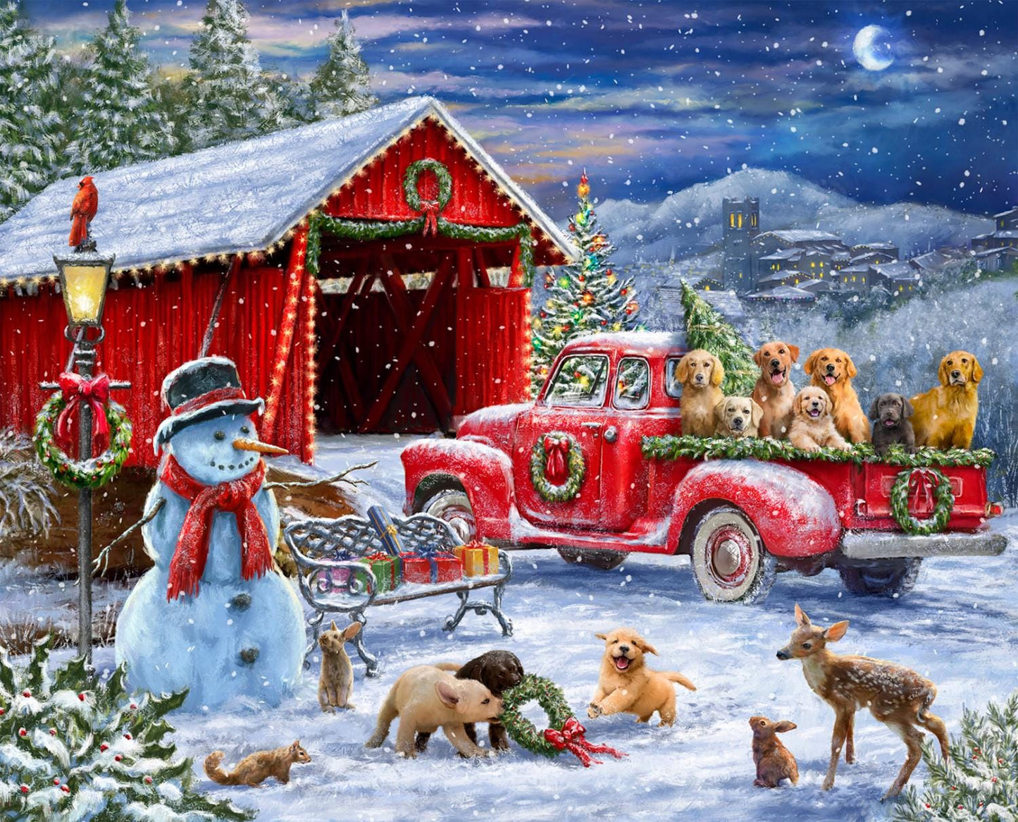 Christmas Covered Bridge Panel 36"x44" By David's Textiles For Four Seasons, Snowman Panel, Red Truck Panel, Christmas Panel, Puppy Panel