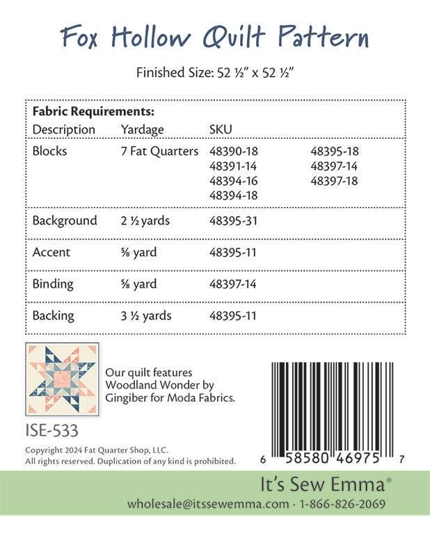 Fox Hollow Quilt Pattern 52.5"x52.5" ISE-533 by It's Sew Emma