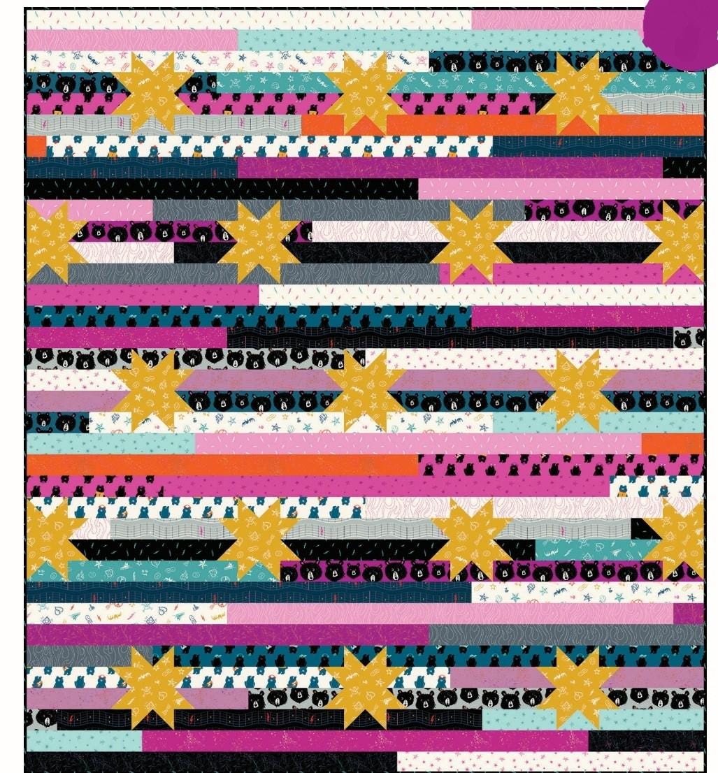 Teddy And The Bears Jelly Stars Quilt Kit 64"x72" by Ruby Star Includes Fabric For Top, Binding, & Pattern