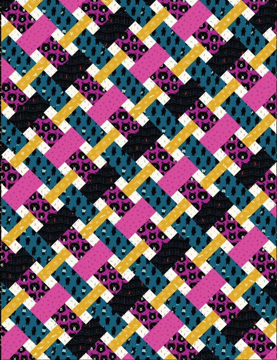 Teddy And The Bears Duck & Weave Quilt Kit 56"x73" By Ruby Star Includes Fabric For Top, Binding, and Pattern