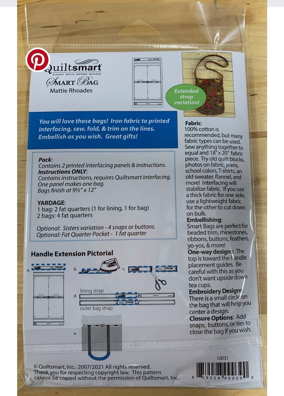 Smart Bag Includes Instructions and Interfacing for 2 Bags Fat Quarter Friendly By Quilt Smart