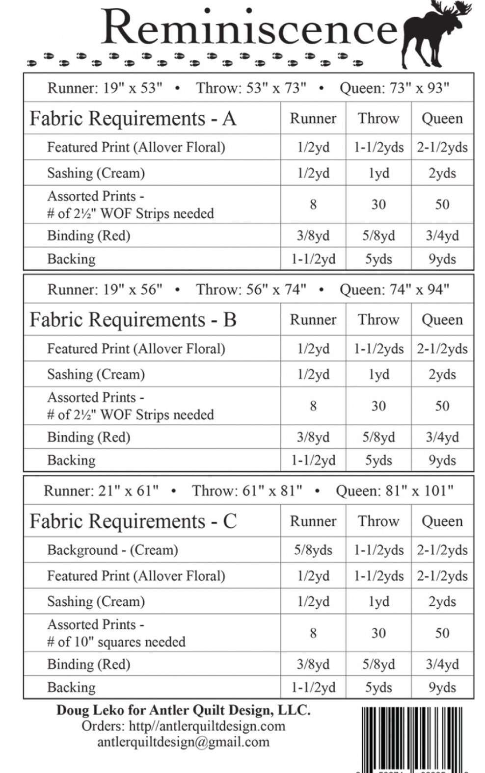 Reminiscence Quilt Pattern AQD0264 By Doug Leko For Antler Quilt Designs Includes Runner, Throw. & Queen Sizes