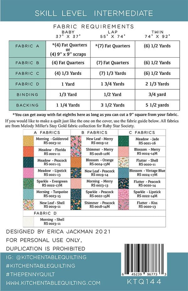 The Penny Quilt Pattern G KTQ 144 By Kitchen Table Quilting Baby, Lap, & Twin Sizes, Fat Quarter Friendly, Modern Quilt Pattern