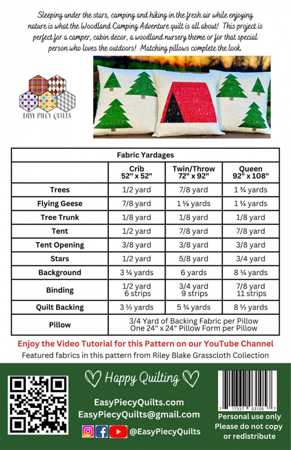 Woodland  Camping Adventure Quilt Pattern EPQ-31057 By Easy Piecy Quilts Crib,  Twin, and Queen Sizes, Camping Quilt, Outdoor Quilt Pattern