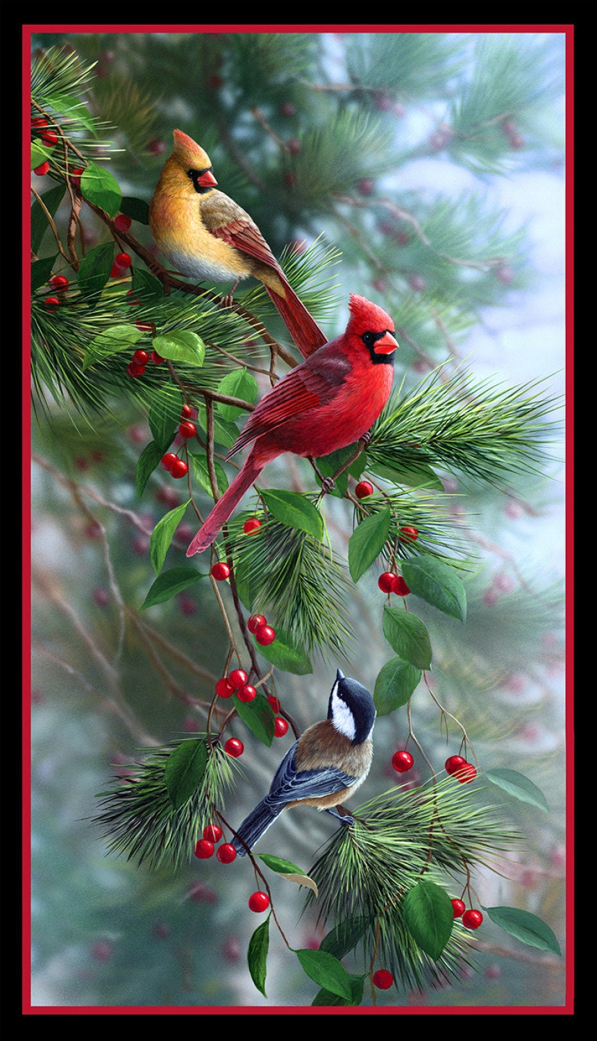 Birds & Berries Panel Black 24"x44" By Elizabeth's Studio 40003E- BLACK, Cardinal Panel, Chickadee Panel, Bird Panel, Wildlife Panel