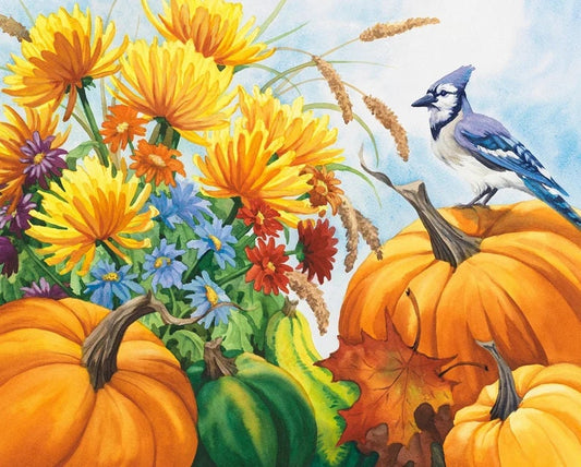 Blue Jay & Pumpkins Fabric Panel 36"x44" By Four Seasons Davids Textiles