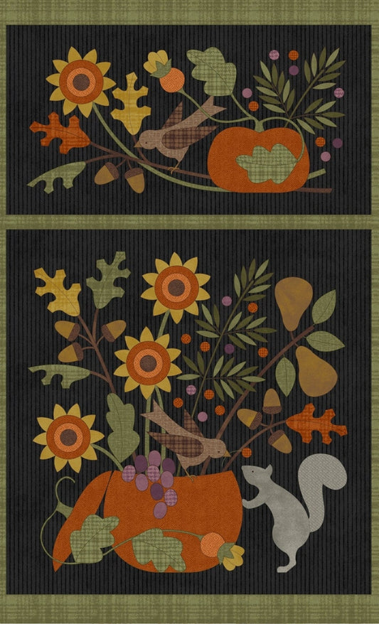 Autumn Harvest Panel Black Flannel By Bonnie Sullivan For Maywood Studio 27"x44"