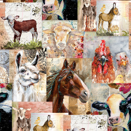 Farm Life Multi Color Farm Animals Digital Collage Y3938-55 By Levi Grenzer For Clothworks