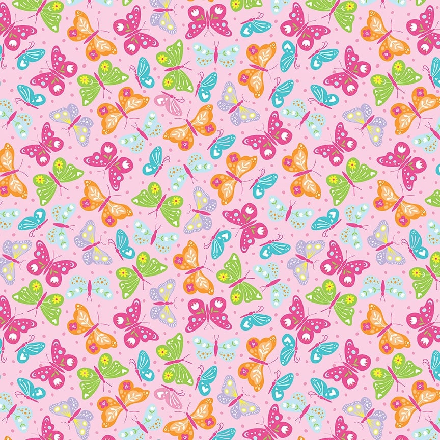 Chasing Rainbows Pink Tossed Butterflies 697-22 By Emily Dumas For Henry Glass