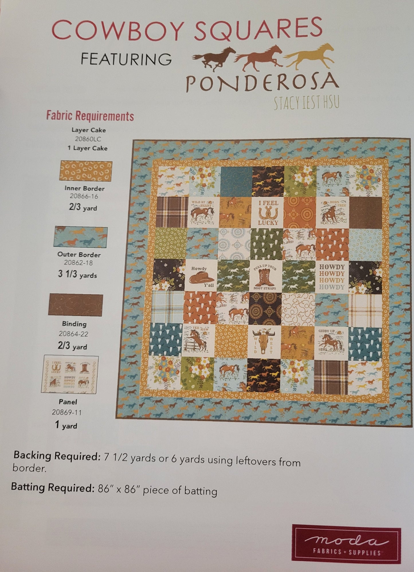 Ponderosa Cowboy Squares Quilt Pattern By Stacy Iest Hsu For Moda Finished Size 82"x82"