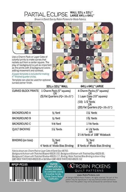 Partial Eclipse Quilt Pattern by Robin Pickens Quilt Patterns 2 Size Options RPQP PE155